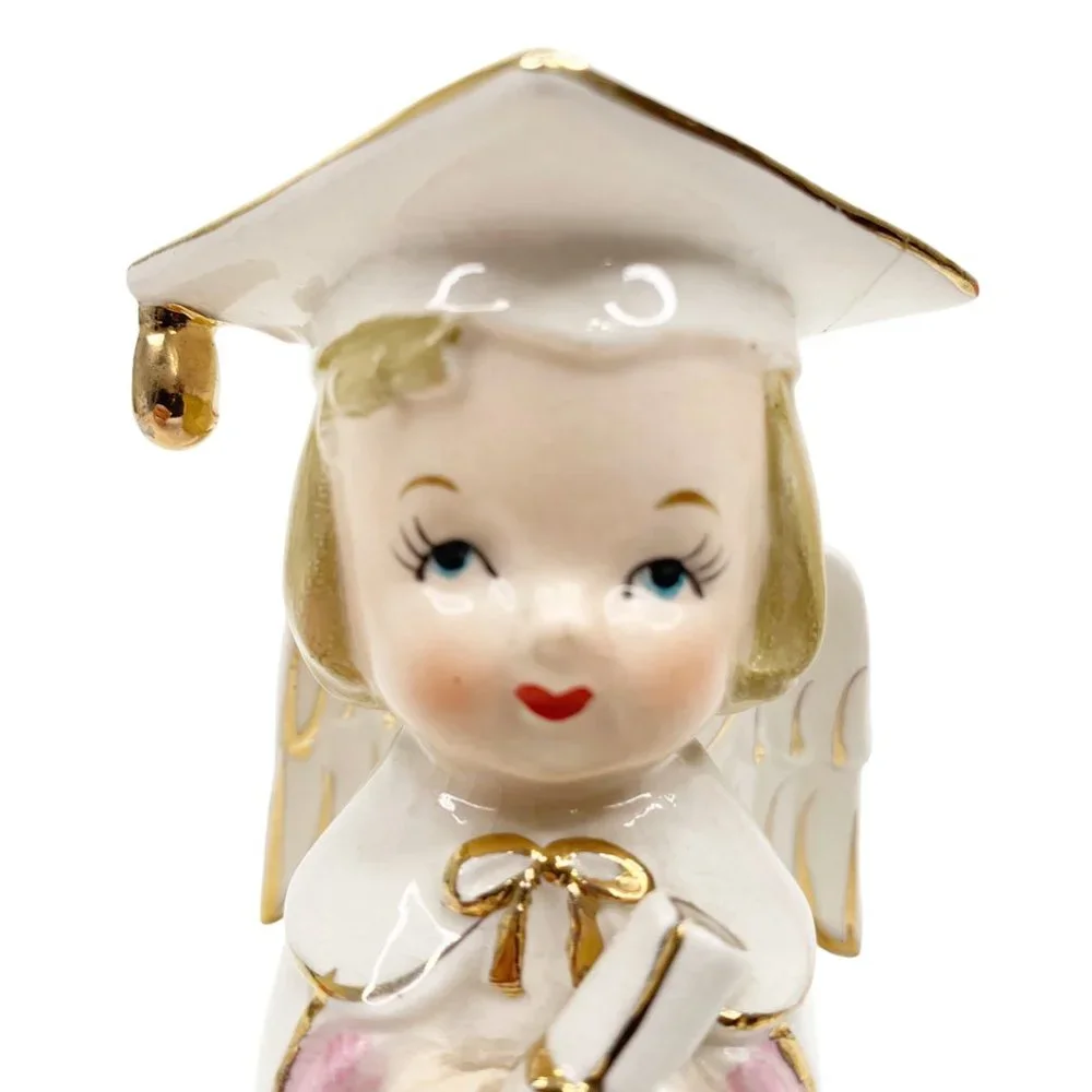 Vtg Graduation Angel Figurine Girl Cap Gown Diploma Graduate Pink White Japan
